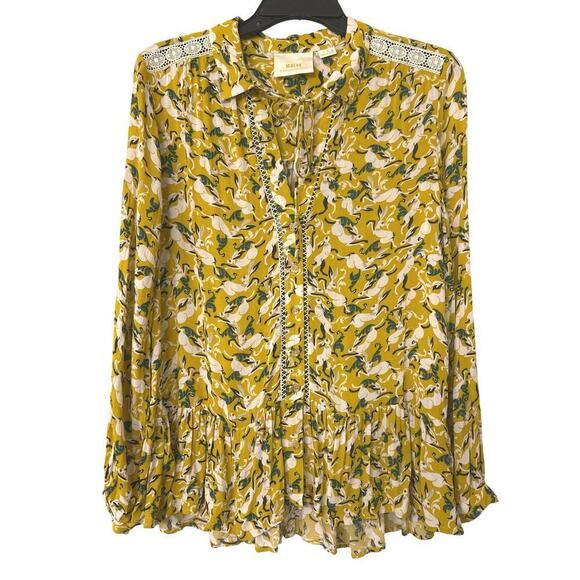 MAEVE By Anthropology Janie Hare Print Flouncy Ruffle Hem Crochet Trim Blouse 4 - Picture 3 of 16